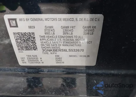 2020 Chevrolet Blazer Fwd Rs из США, поврежденный, VIN 3GNKBERS6LS532670